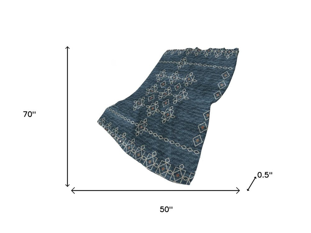 50" X 70" Blue And Rust Geometric Plush Throw Blanket