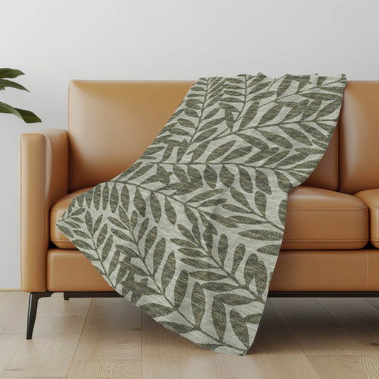 50" X 70" Artichoke Green And Gray Floral Polyester Woven Plush Throw Blanket