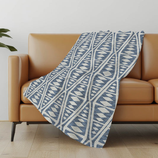 50" X 70" Blue And Ivory Geometric Polyester Woven Plush Throw Blanket