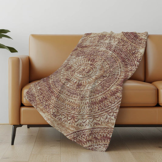 50" X 70" Rust And Beige Floral Polyester Woven Plush Throw Blanket