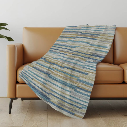 50" X 70" Blue Gold And Beige Abstract Polyester Woven Plush Throw Blanket