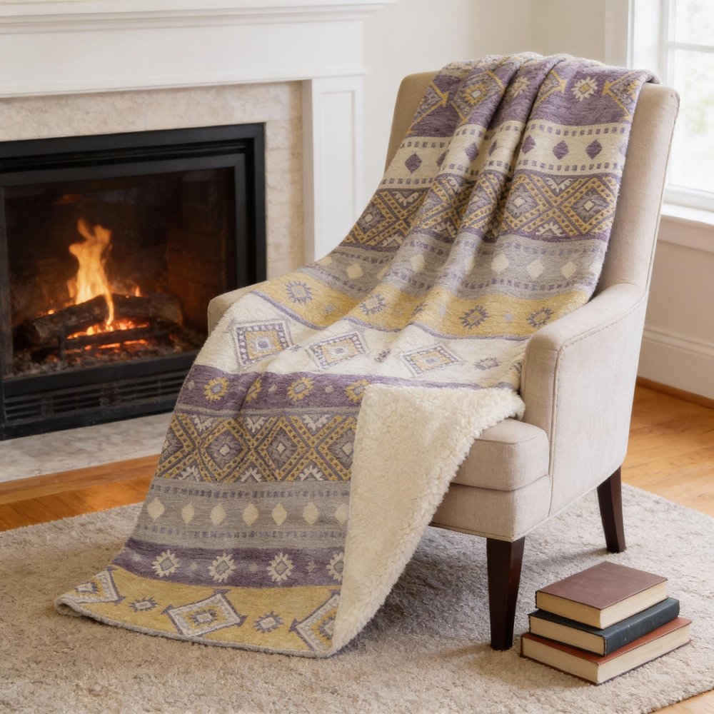 50" X 70" Purple Gold And Beige Geometric Microfiber Plush Throw Blanket