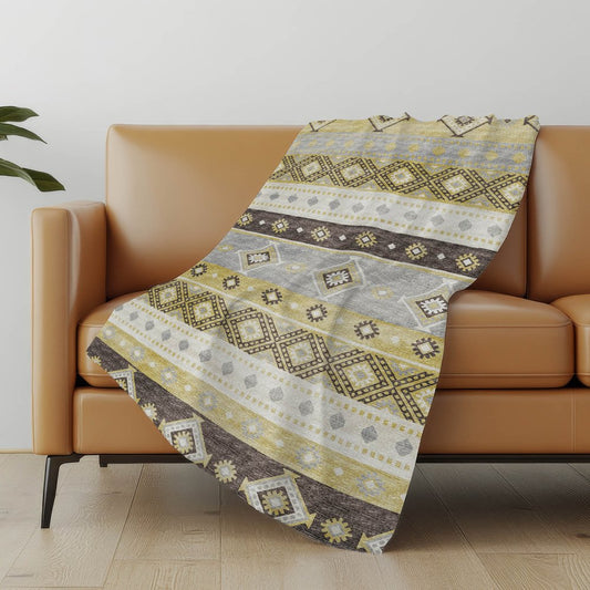50" X 70" Gold Gray And Ivory Geometric Polyester Woven Plush Throw Blanket