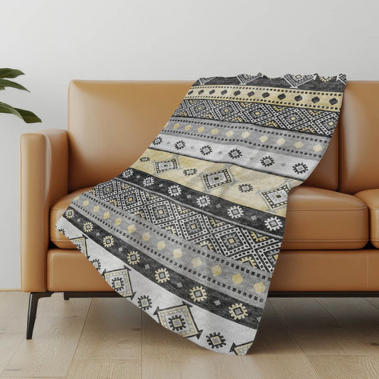 50" X 70" Gray Black And Gold Geometric Polyester Woven Plush Throw Blanket