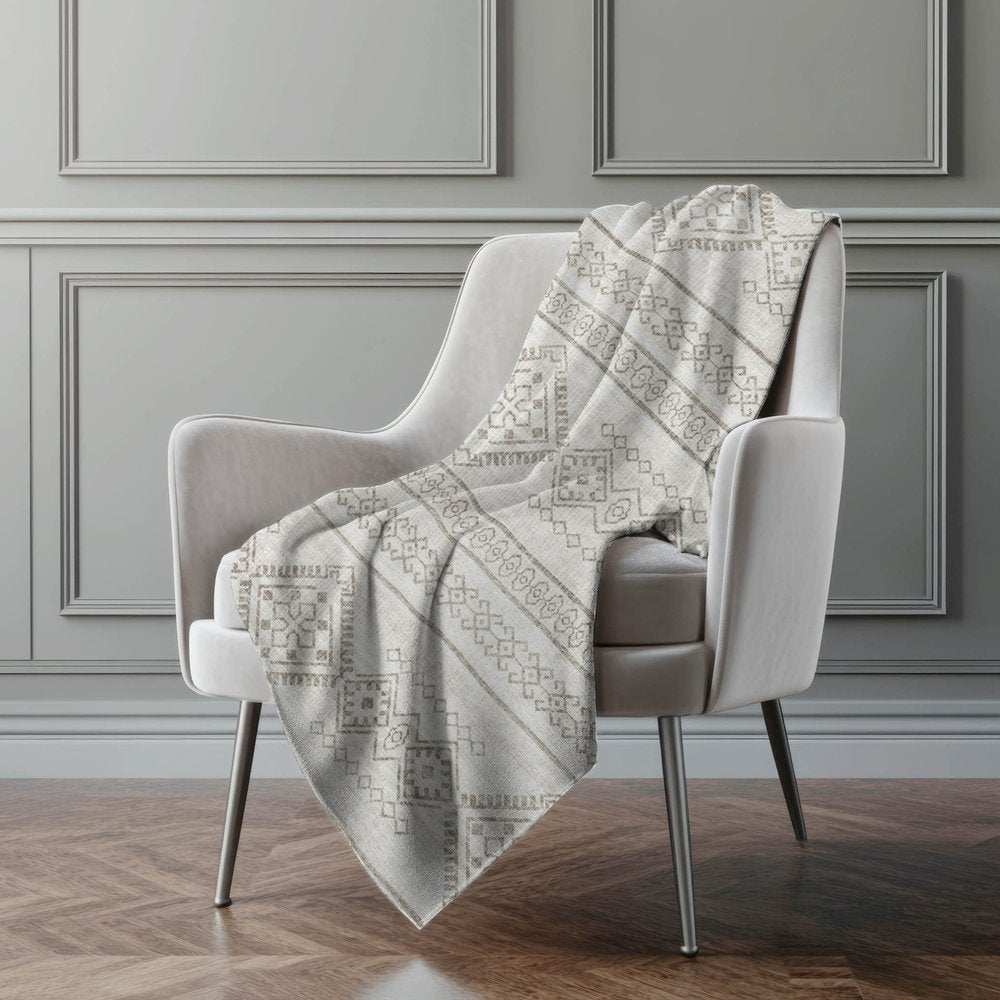 50" X 70" Taupe And Ivory Geometric Polyester Woven Plush Throw Blanket