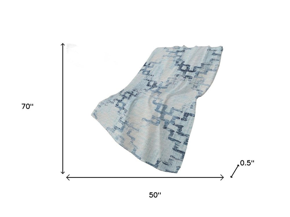 50" X 70" Blue And Ivory Abstract Plush Throw Blanket
