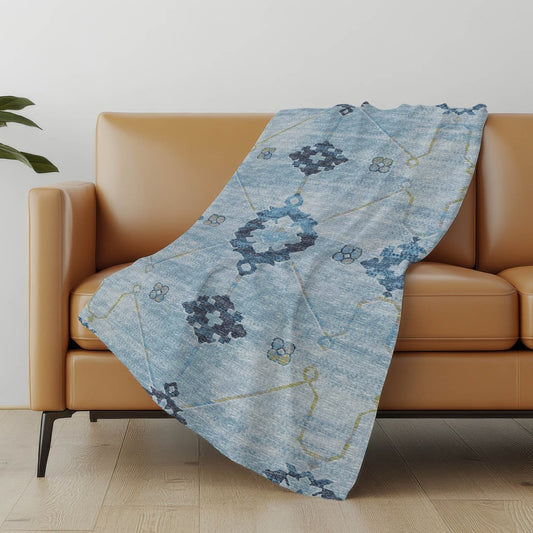 50" X 70" Blue And Light Blue Floral Polyester Woven Plush Throw Blanket
