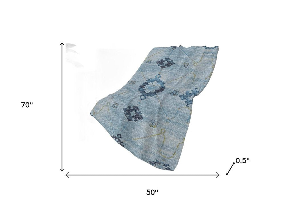 50" X 70" Blue And Light Blue Floral Polyester Woven Plush Throw Blanket