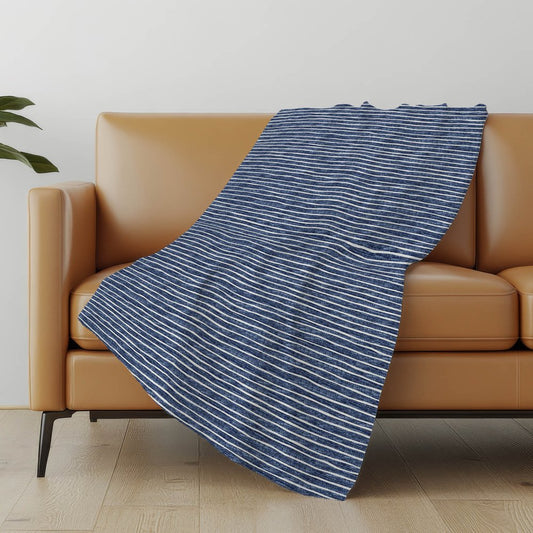50" X 70" Navy Blue And Ivory Striped Polyester Woven Plush Throw Blanket