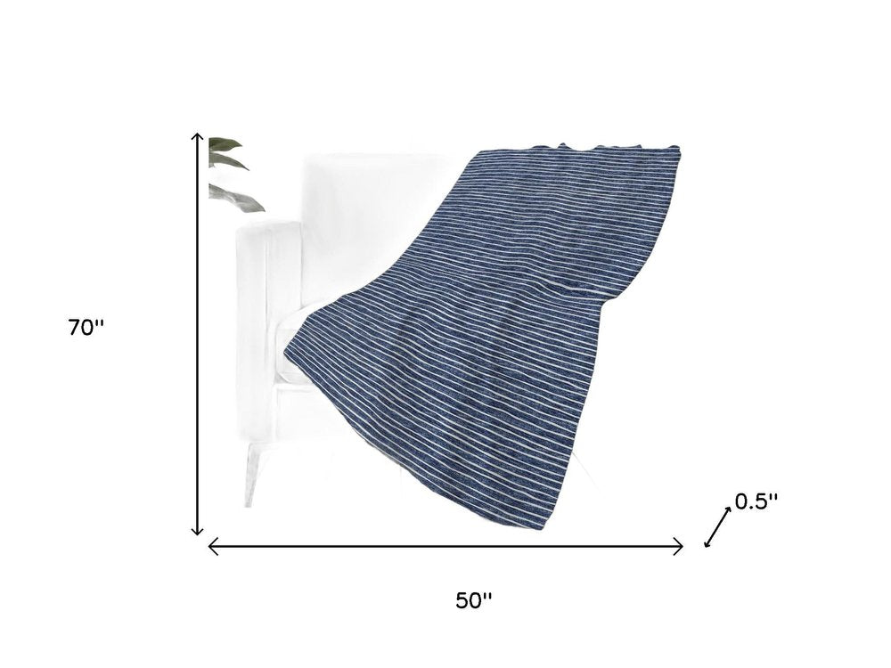 50" X 70" Navy Blue And Ivory Striped Polyester Woven Plush Throw Blanket