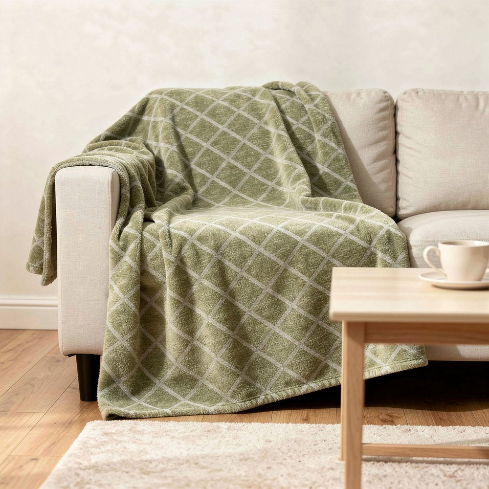50" X 70" Artichoke Green And Beige Geometric Microfiber Plush Throw Blanket