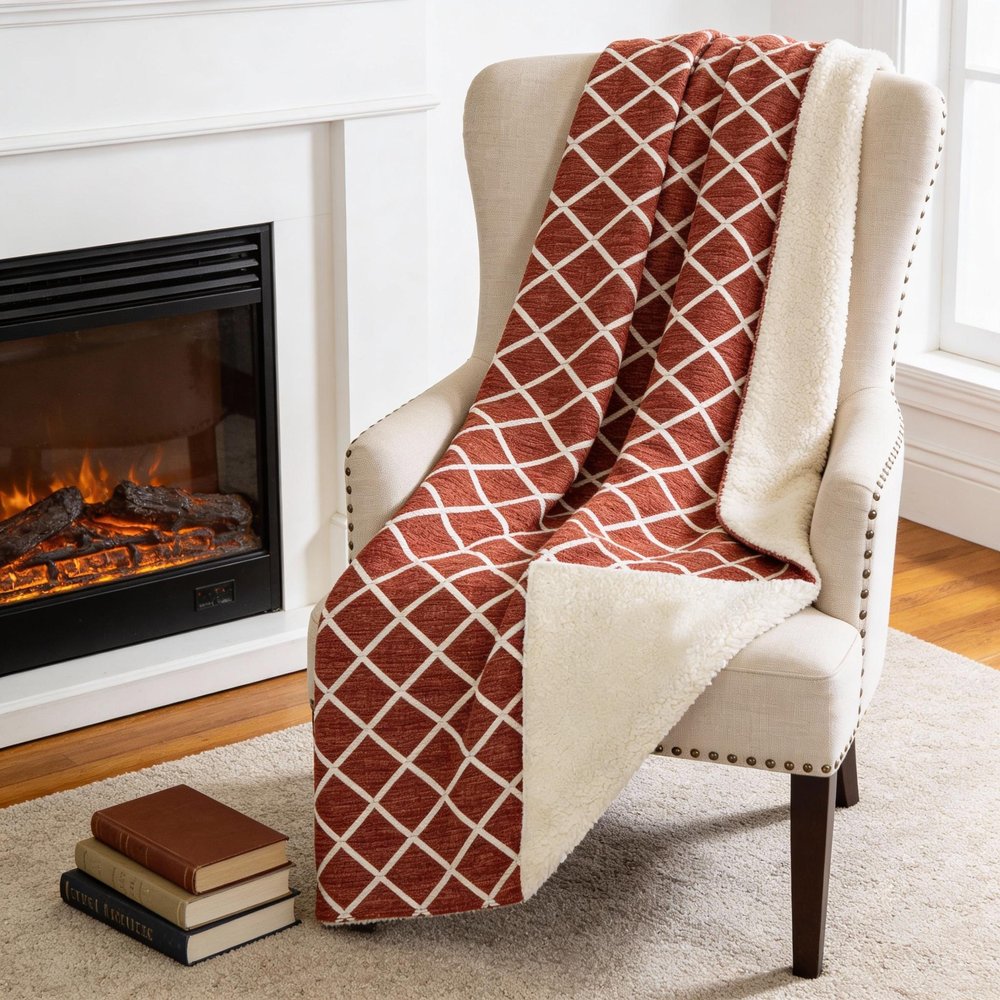 50" X 70" Red And Ivory Geometric Microfiber Plush Throw Blanket