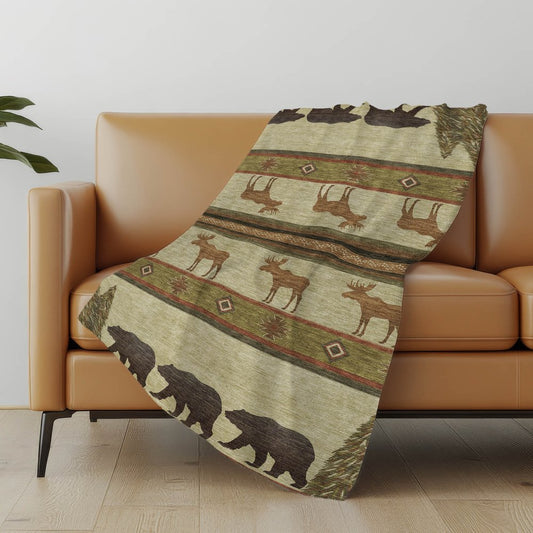 50" X 70" Brown Green And Rust Animal Print Polyester Woven Plush Throw Blanket