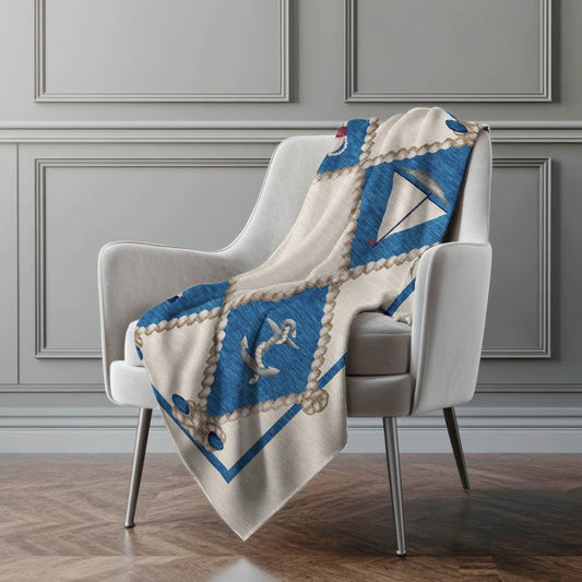 50" X 70" Ivory And Blue Geometric Polyester Woven Plush Throw Blanket