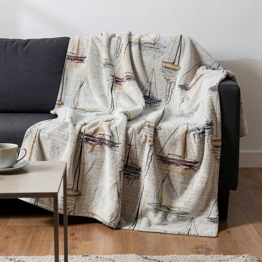 50" X 70" Beige Charcoal And Ivory Sailboat Microfiber Plush Throw Blanket