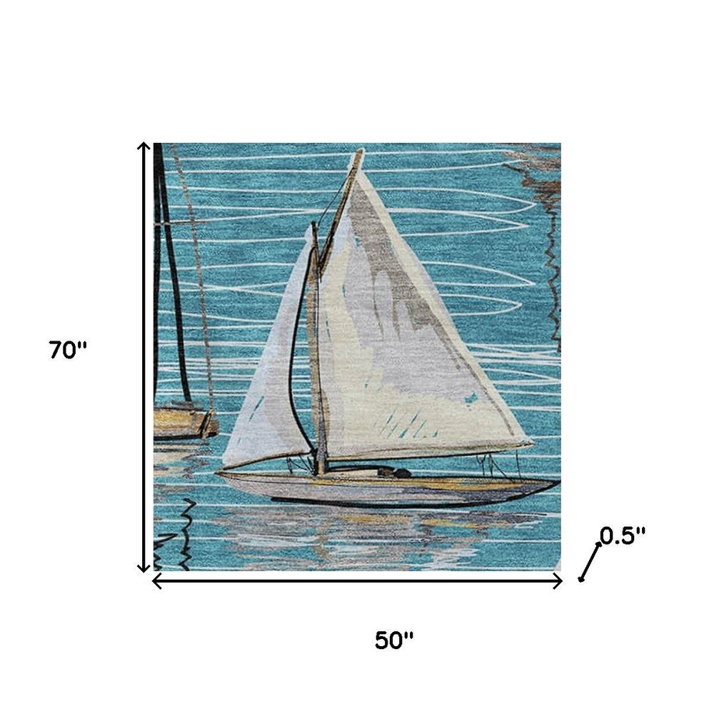 50" X 70" Teal Ivory And Beige Geometric Polyester Woven Plush Throw Blanket