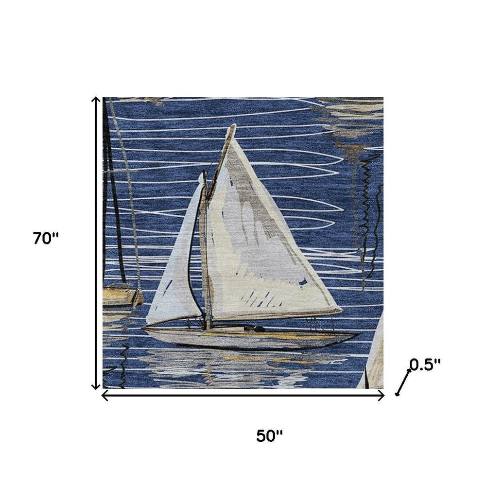 50" X 70" Navy Blue Ivory And Beige Geometric Polyester Woven Plush Throw Blanket