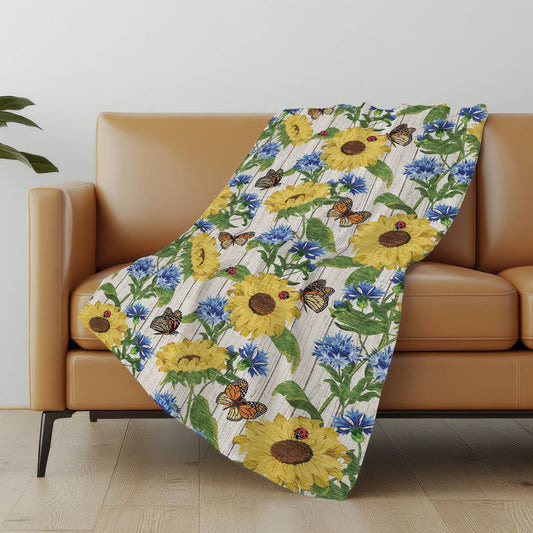 50" X 70" Yellow Blue And Ivory Floral Polyester Woven Plush Throw Blanket