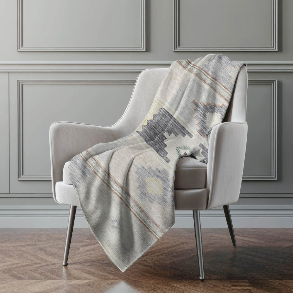 50" X 70" Gray Beige And Ivory Geometric Polyester Woven Plush Throw Blanket