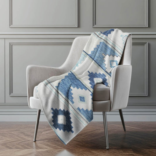 50" X 70" Blue And Ivory Geometric Polyester Woven Plush Throw Blanket