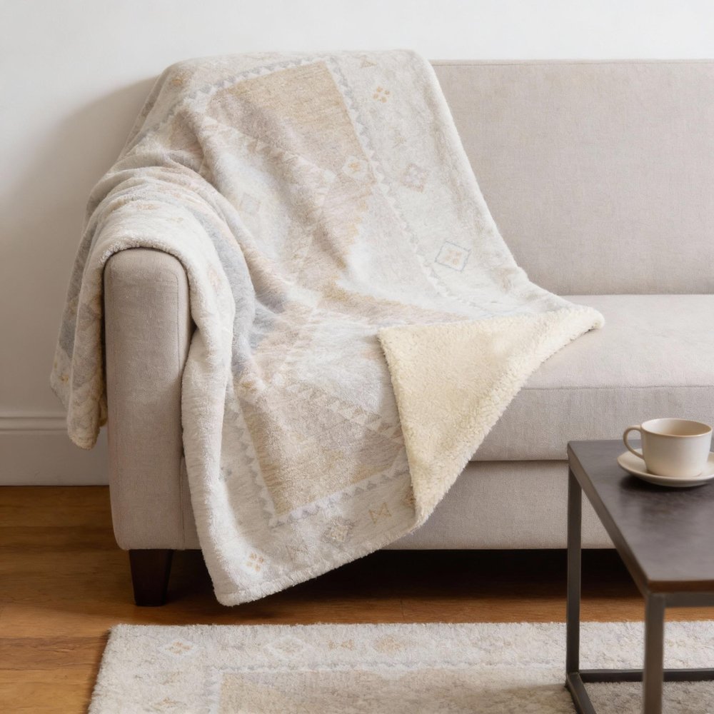 50" X 70" Gray And Ivory Geometric Microfiber Plush Throw Blanket