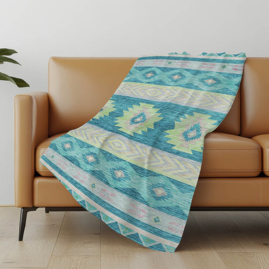 50" X 70" Teal Lime Green And Beige Geometric Polyester Woven Plush Throw Blanket