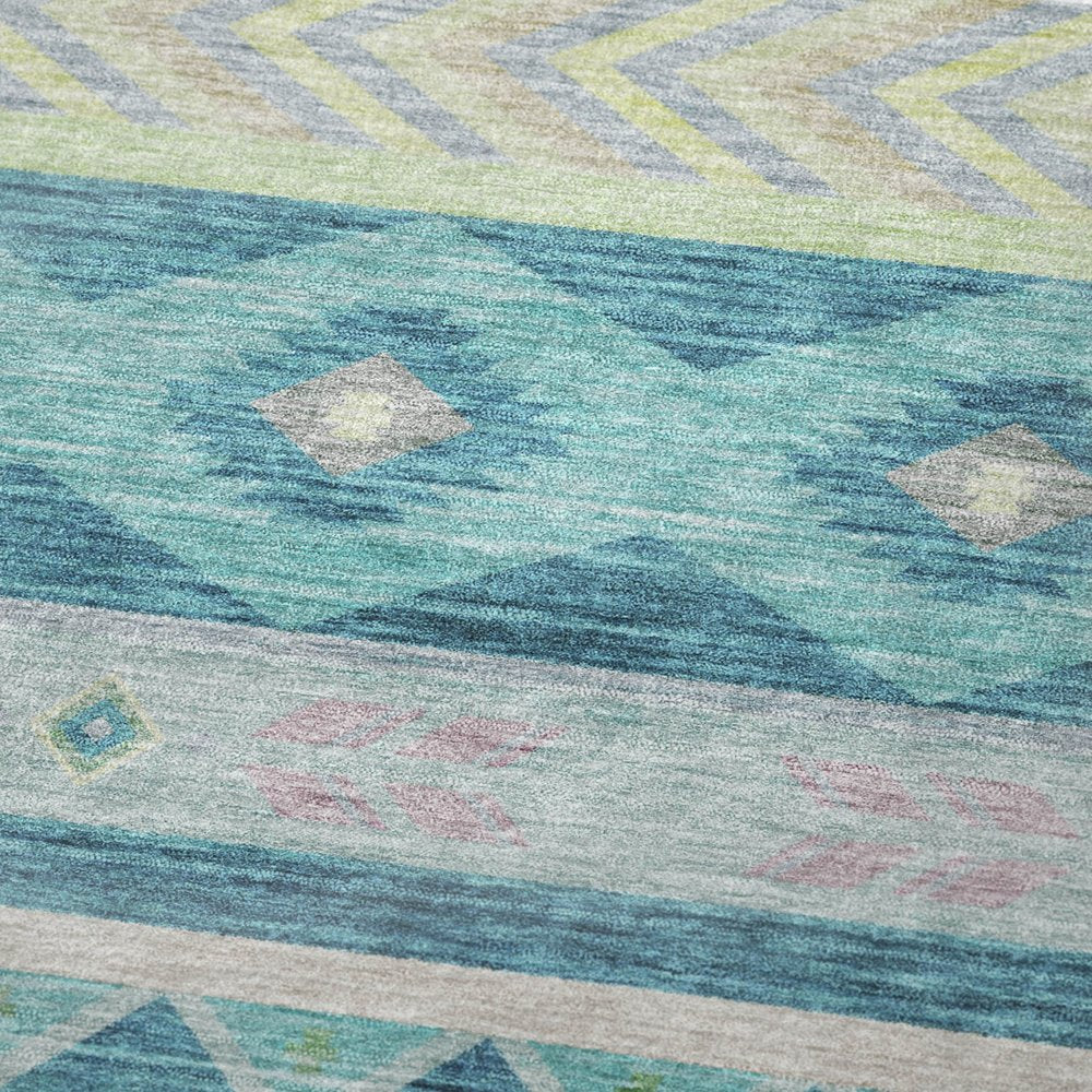 50" X 70" Teal Lime Green And Beige Geometric Polyester Woven Plush Throw Blanket