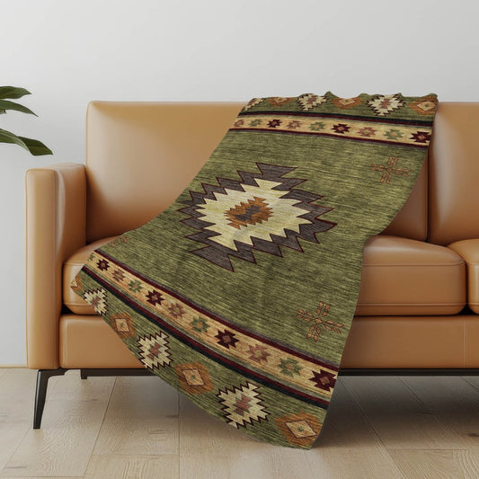 50" X 70" Green Rust And Gold Geometric Polyester Woven Plush Throw Blanket