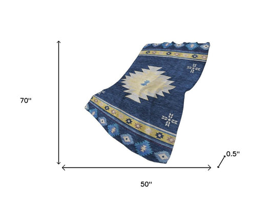 50" X 70" Blue Yellow And Silver Geometric Polyester Woven Plush Throw Blanket