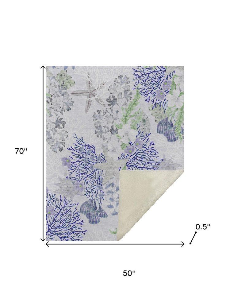 50" X 70" Blue Green And Gray Floral Polyester Woven Plush Throw Blanket