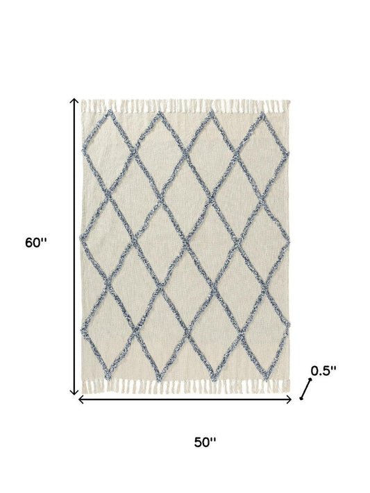 50" X 60" Ivory And Blue Argyle Cotton Woven Throw Blanket