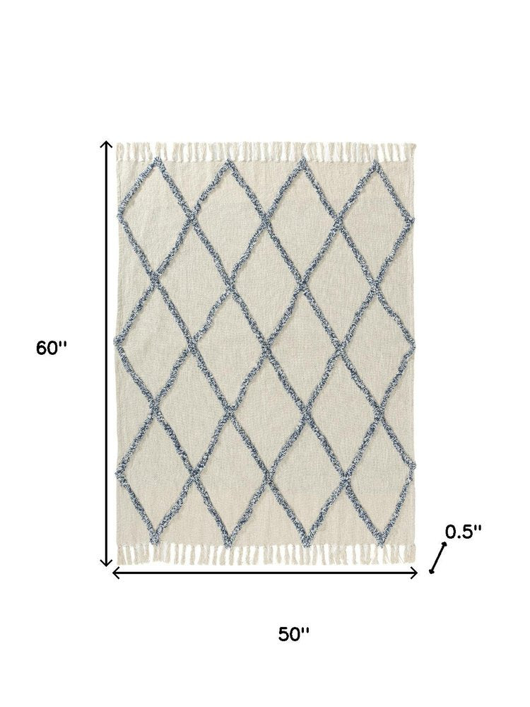 50" X 60" Ivory And Blue Argyle Cotton Woven Throw Blanket