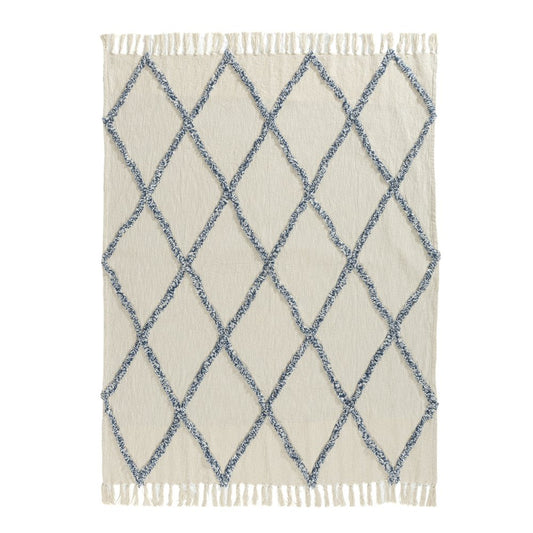50" X 60" Ivory And Blue Argyle Cotton Woven Throw Blanket
