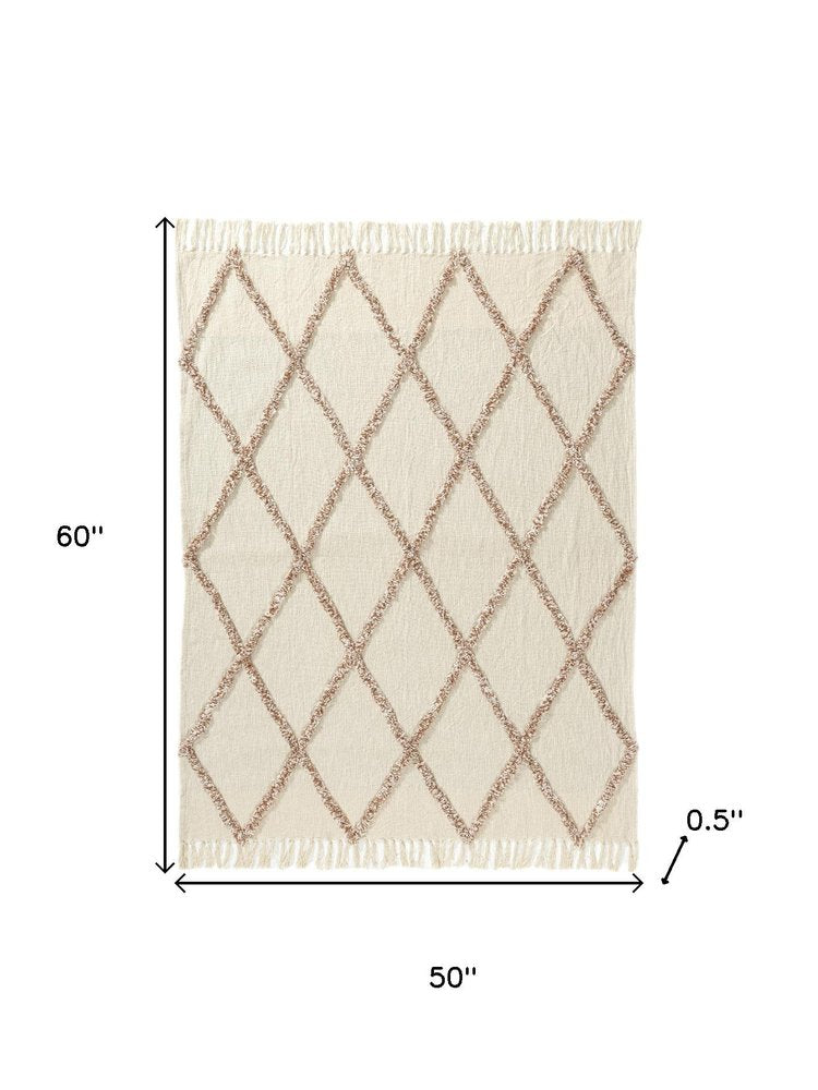 50" X 60" Ivory And Brown Argyle Cotton Woven Throw Blanket