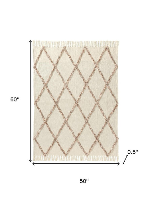 50" X 60" Ivory And Brown Argyle Cotton Woven Throw Blanket