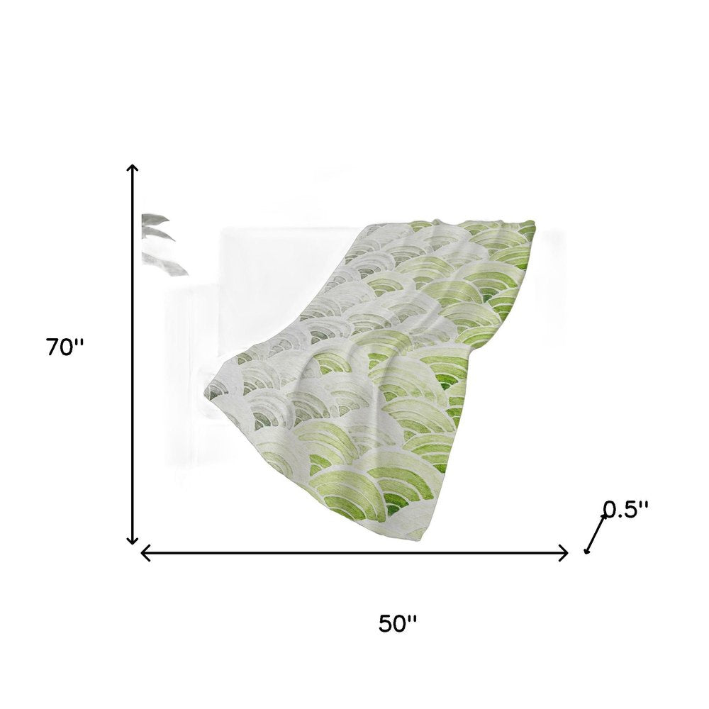 50" X 70" Green Ivory And Gray Coastal Seashell Polyester Woven Plush Throw Blanket