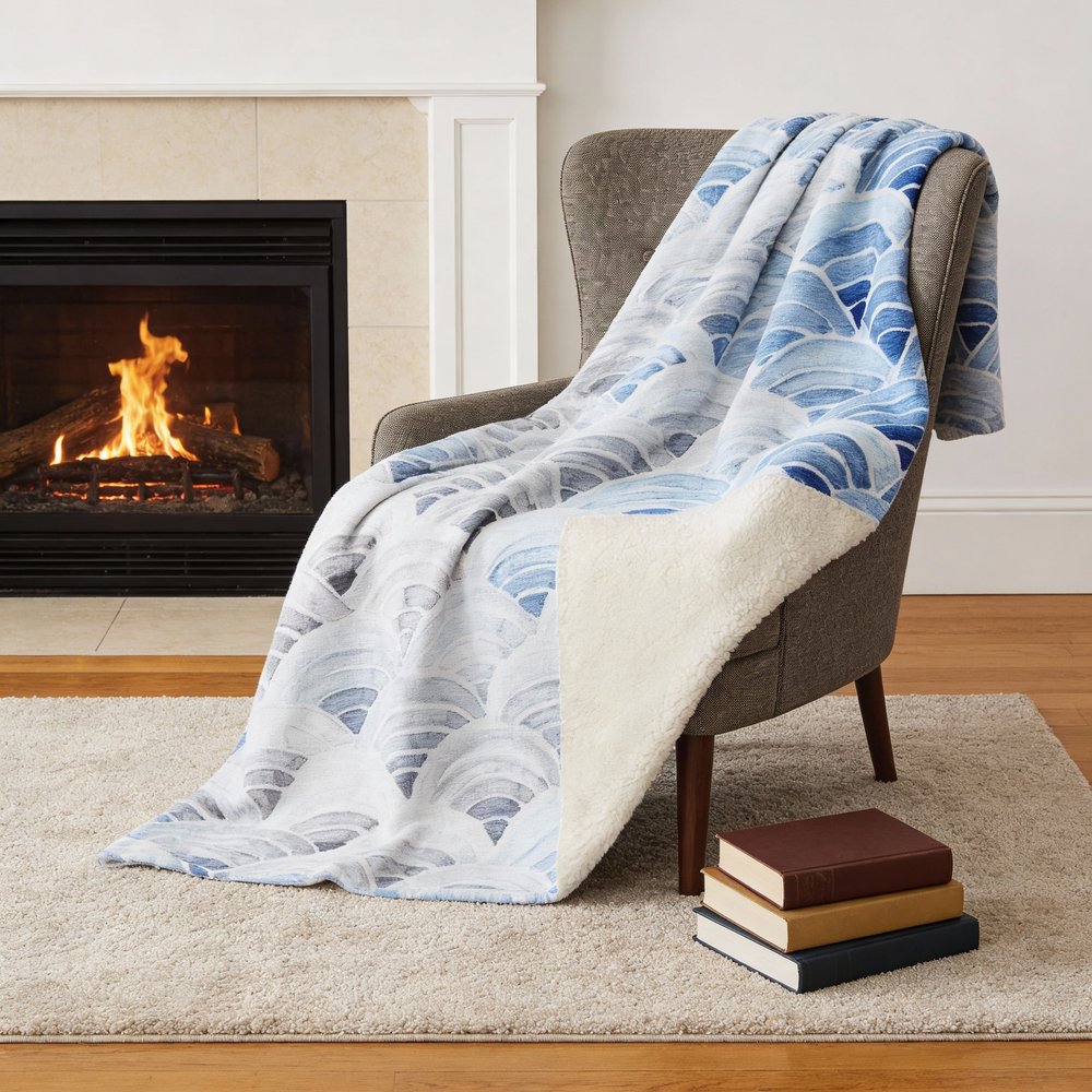 50" X 70" Blue And Ivory Coastal Seashell Microfiber Plush Throw Blanket