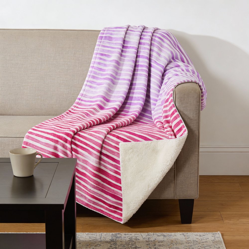 50" X 70" Pink And Ivory Striped Microfiber Plush Throw Blanket