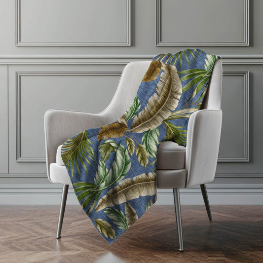 50" X 70" Blue Green And Beige Leaves Polyester Woven Plush Throw Blanket