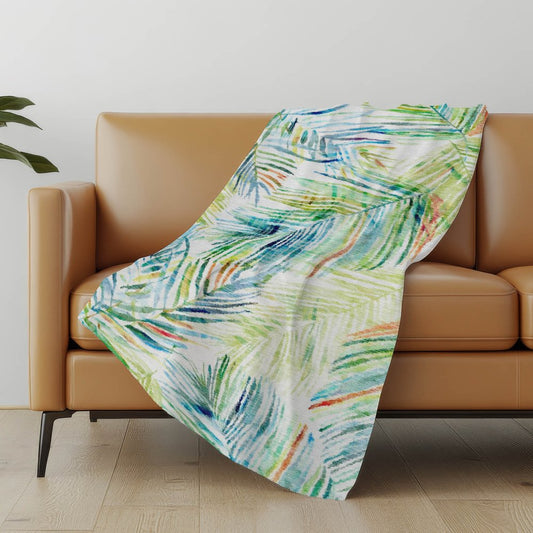 50" X 70" Ivory Blue And Green Leaves Polyester Woven Plush Throw Blanket