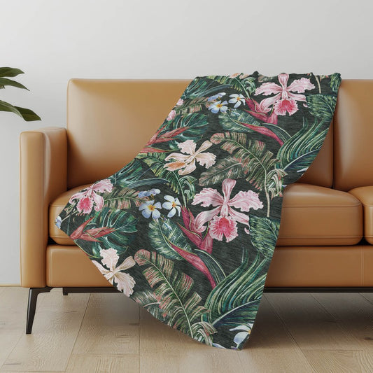 50" X 70" Midnight Green And Pink Floral Polyester Woven Plush Throw Blanket