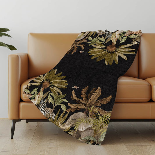 50" X 70" Midnight Olive Green And Ivory Animal Print Polyester Woven Plush Throw Blanket