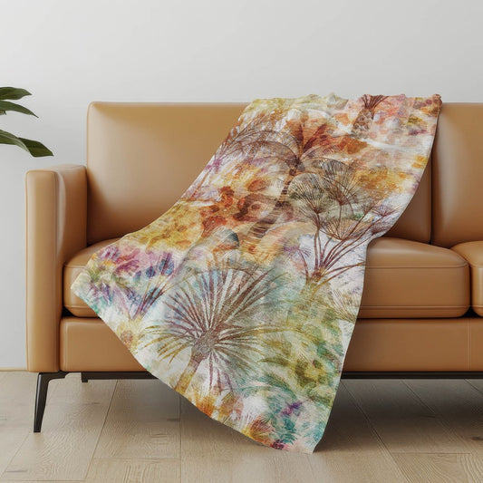 50" X 70" Ivory Peach And Blue Leaves Polyester Woven Plush Throw Blanket