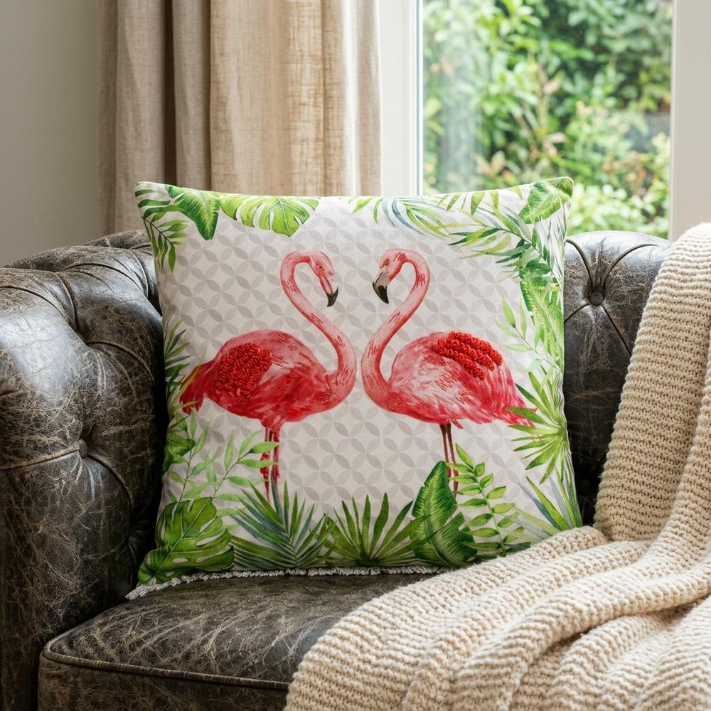 20" Off White Pink And Green Flamingo Throw Pillow Cover with Fringe