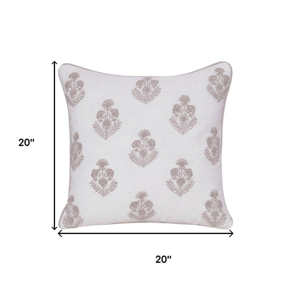 20" Off White And Taupe Floral Linen Throw Pillow Cover