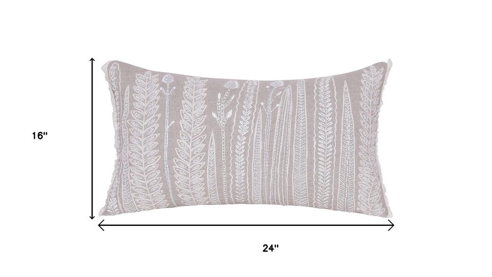 16" X 24" Taupe And Ivory Lumbar Floral Linen Throw Pillow Cover