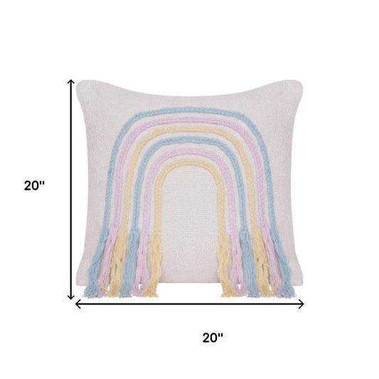 20" Cream Blue And Pink Abstract Cotton Throw Pillow Cover with Fringe Embroidery And Texture