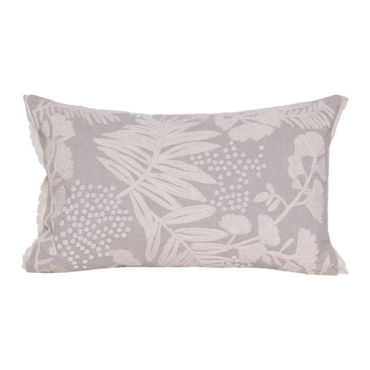 16" X 24" Beige And Gray Lumbar Floral Linen Throw Pillow Cover