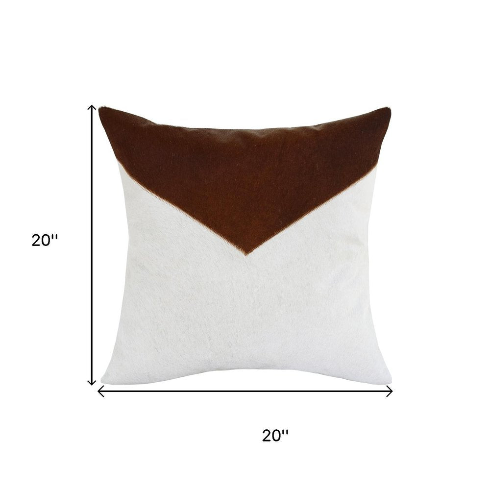 20" Ivory And Brown Color Block Faux Leather Throw Pillow Cover