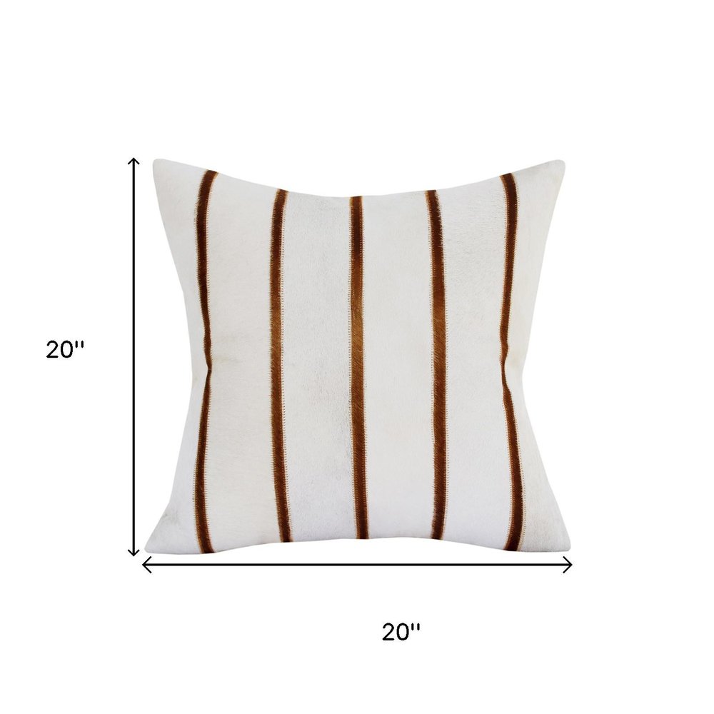 20" Ivory And Brown Striped Faux Leather Throw Pillow Cover